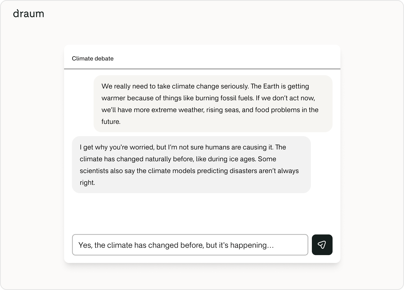 A chat view where a learner is interacting with an AI. The chat is a debate about climate change, with the learner arguing for climate change, and the AI arguing against.