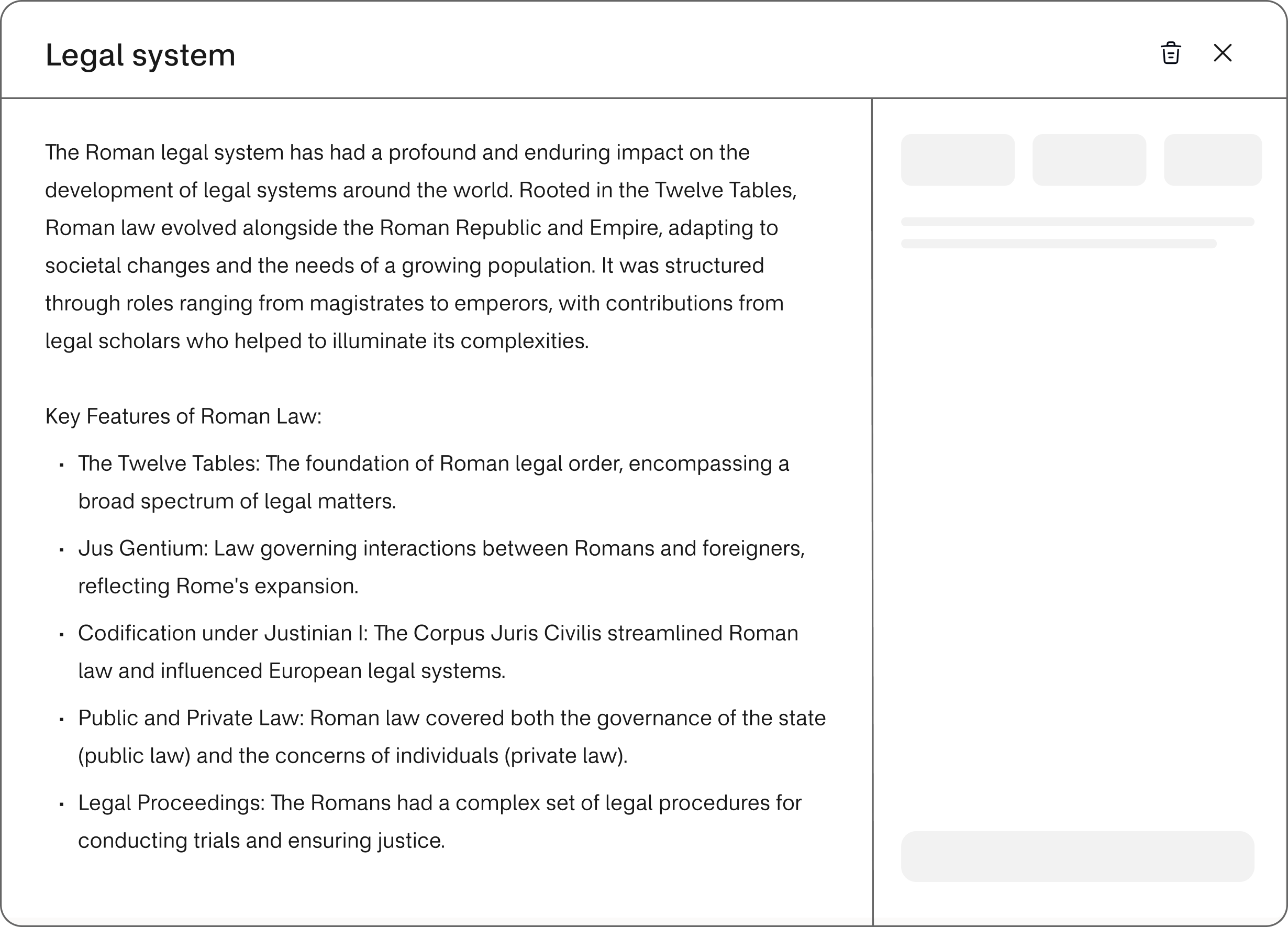 The contents of a node in the graph, showing a modal about the Roman Legal System. There is text describing the key aspects of the legal system.