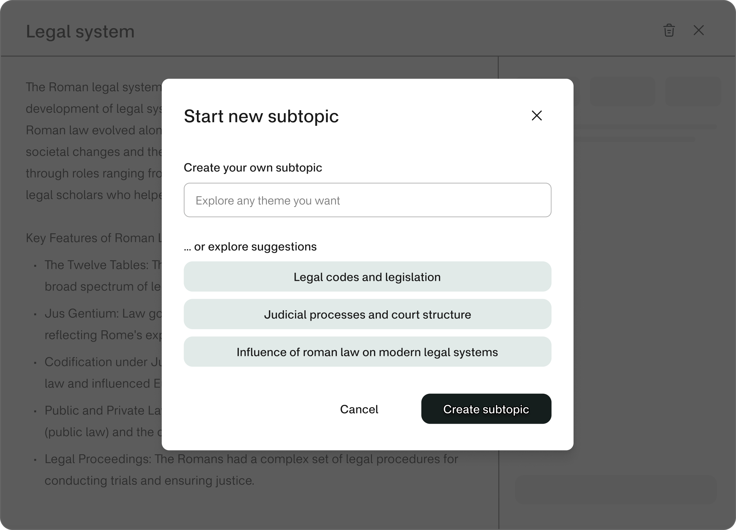 A modal for starting a new subtopic in the mind map, showing a free text field, and some AI suggestions for ways to proceed.