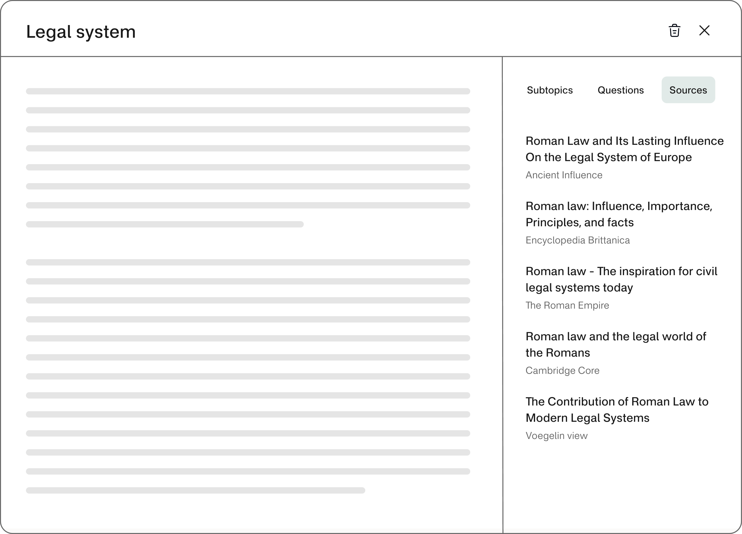 The topic modal for the Legal System, with a sidebar showing the sources used to generate the summary. The sources are encyclopedias, and other online sources.