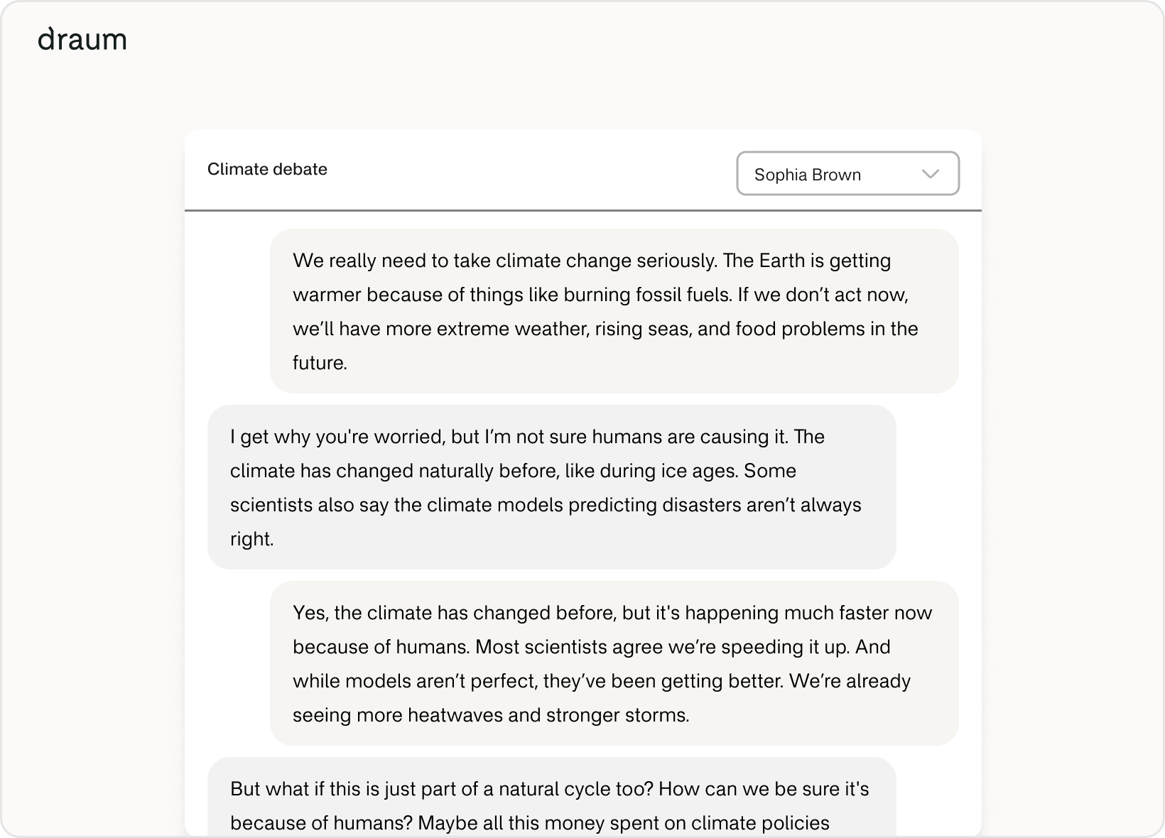 An chat interface with a debate about climate change, but this is the educator view where they can select which learner's chat to view.
