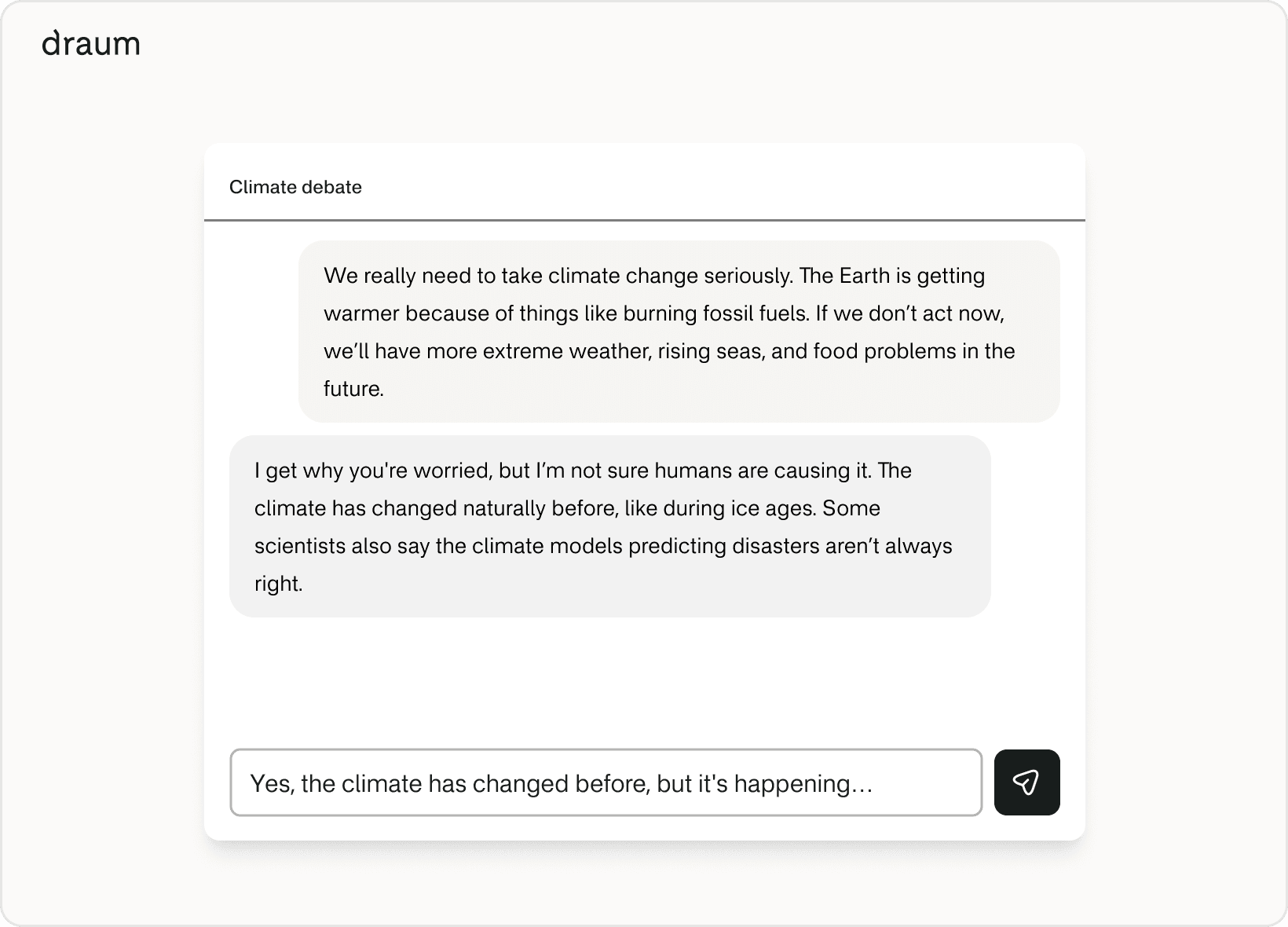 A chat view where a learner is interacting with an AI. The chat is a debate about climate change, with the learner arguing for climate change, and the AI arguing against.