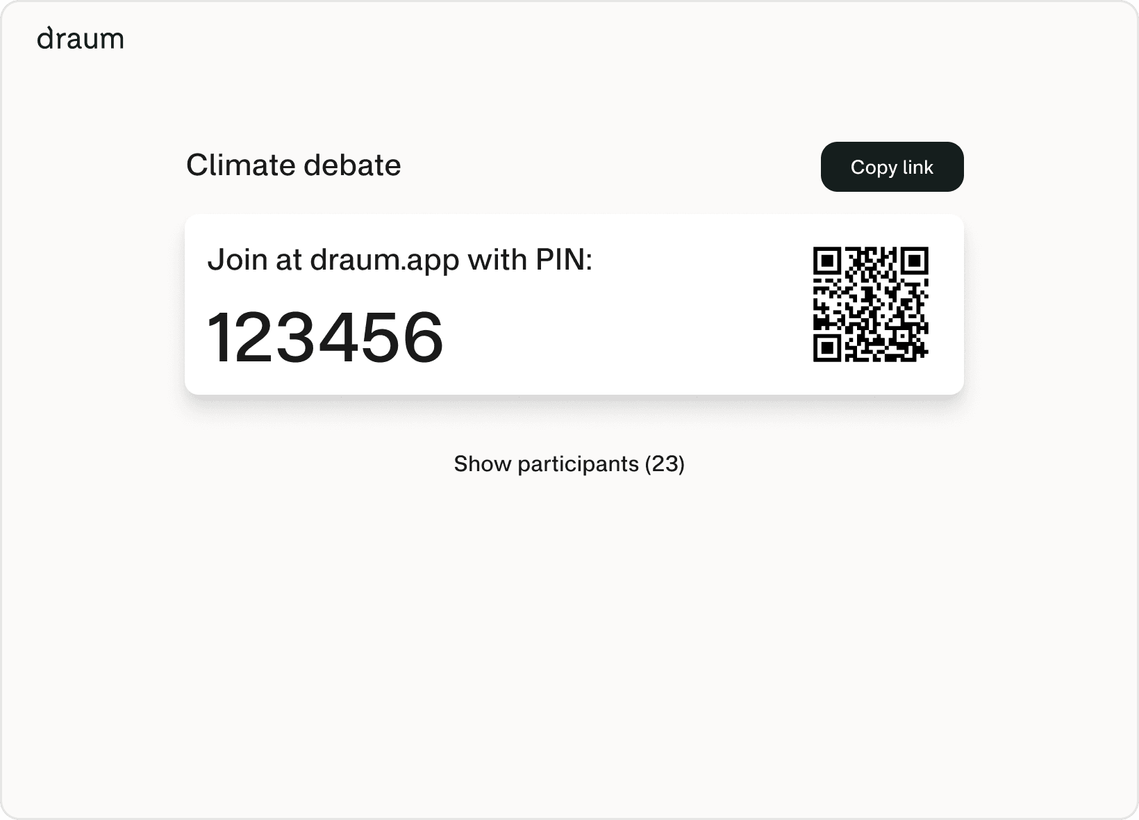 A view of an active roleplay, with a short six digit code, instructions to join at draum.app, as well as a QR code and a copy link button for the educator to use.