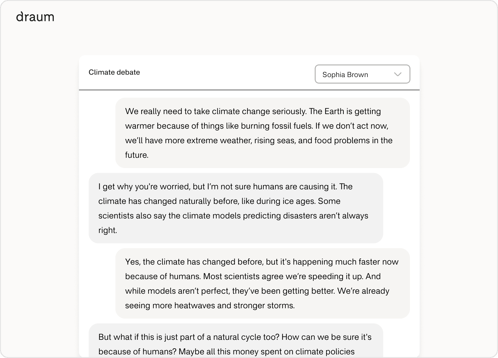 An chat interface with a debate about climate change, but this is the educator view where they can select which learner's chat to view.