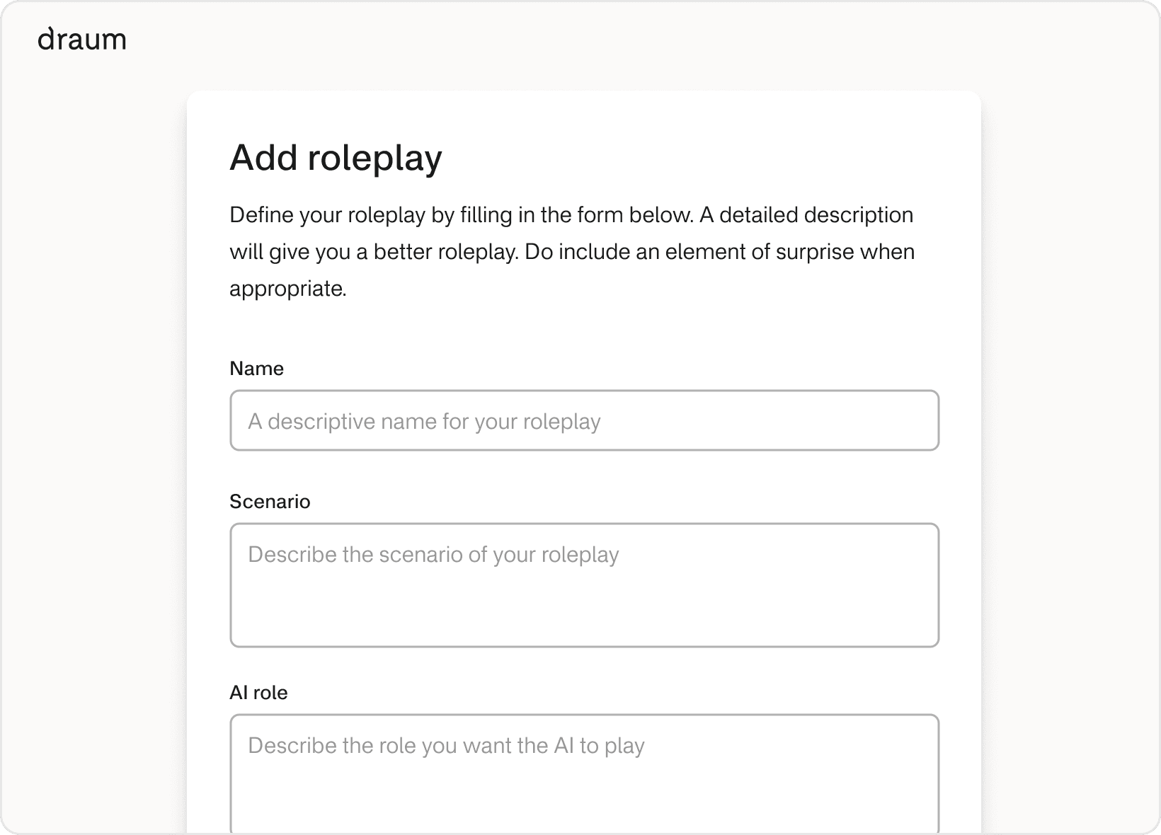 A form for creating a roleplay, with fields for name, scenario, ai role, and more.